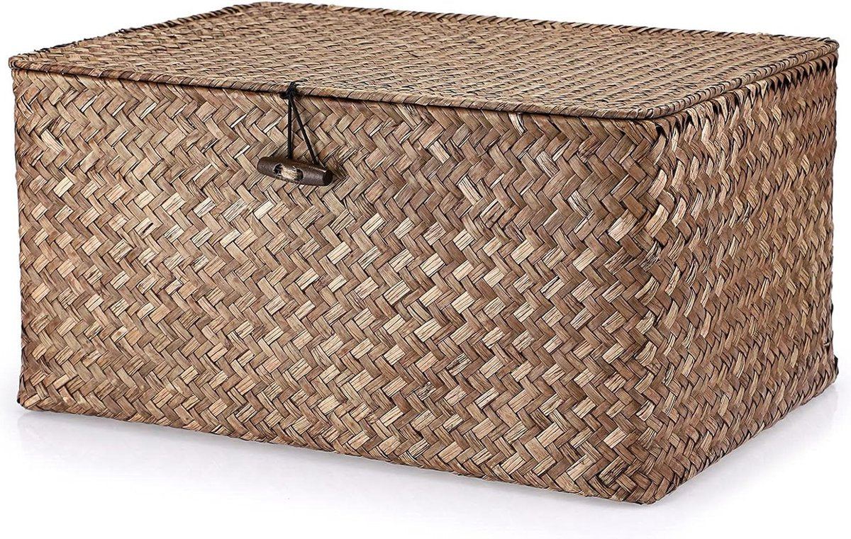 Rieten mand met deksel Sweet Living Opbergmand van zeegras voor bureau en badkamer - geweven zeegras opbergdoos planken - decoratieve mand - multifunctionele opbergmand - koffie groot Rieten mand met deksel sweet living