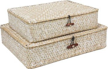 Set van 2 plat geweven rieten manden met deksel, natuurlijke zeegras-mandboxen, multifunctionele organizer, dozen voor plankorganizer