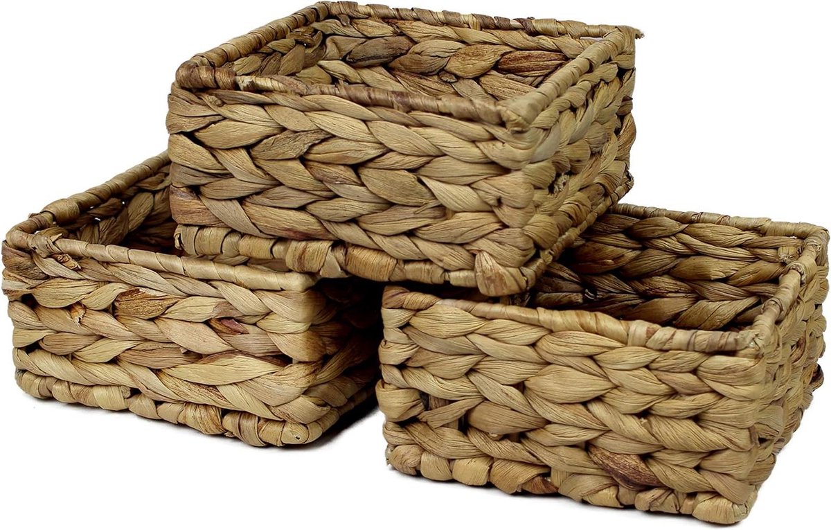 Vierkante waterhyacint Kleine manden voor opslag - Natuurlijke kleur rieten mand planken open - Decoratieve geschenkdoos - Kleine badkamer mini-lade make-up badkamer - Keukenorganizer - Klein 14cm 3 x mand - HTML content nodig