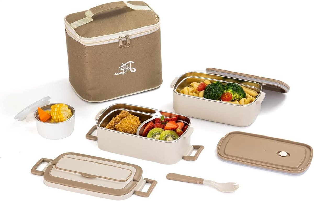 Lunchbox 1900ml Bento Box Volwassen Lunchbox roestvrij staal thermisch compartiment Tiffin Lunch Snack Box 2-laags geïsoleerde Bento voedselcontainer Stapelbare lunchbox met lunchtas en soepkom - Grootte Large, Lille Home