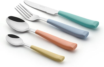 Bestekset 24 stuks gekleurd - roestvrij staal met levendig gekleurde plastic brede handgrepen - comfortabel vast te houden - 6 x vorken, 6 x dinermessen, 6 x eetlepels, 6 x theelepels