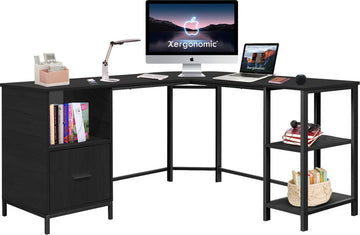 Xergonomic Industrieel hoekbureau met kastje – 150x137x75 cm - Stalen frame met houten hoekbureaublad – Stevige laptoptafel - Zwart