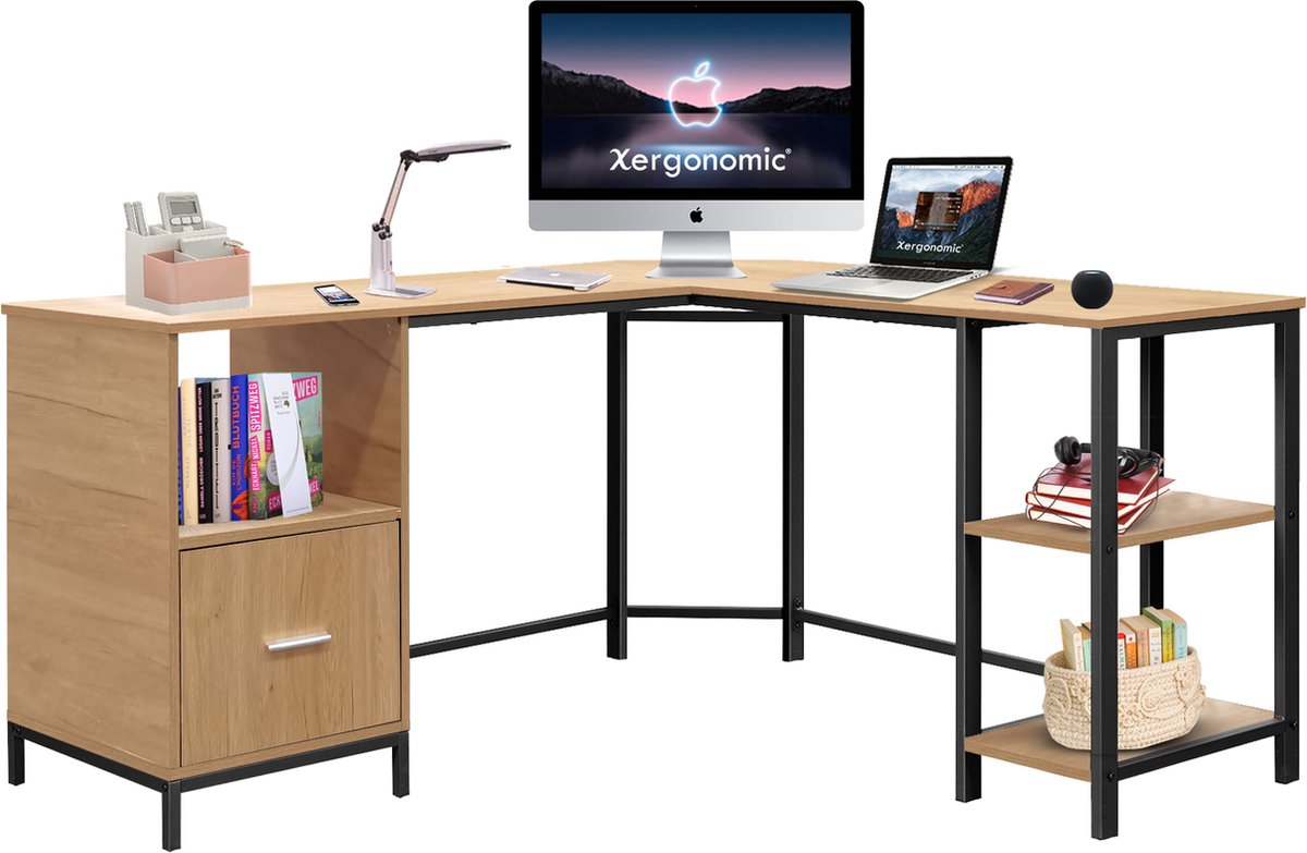 Xergonomic Industrieel hoekbureau met kastje– Stalen frame met houten hoekbureaublad – 150x137x75 cm - Stevige laptoptafel – Zwart/Naturel