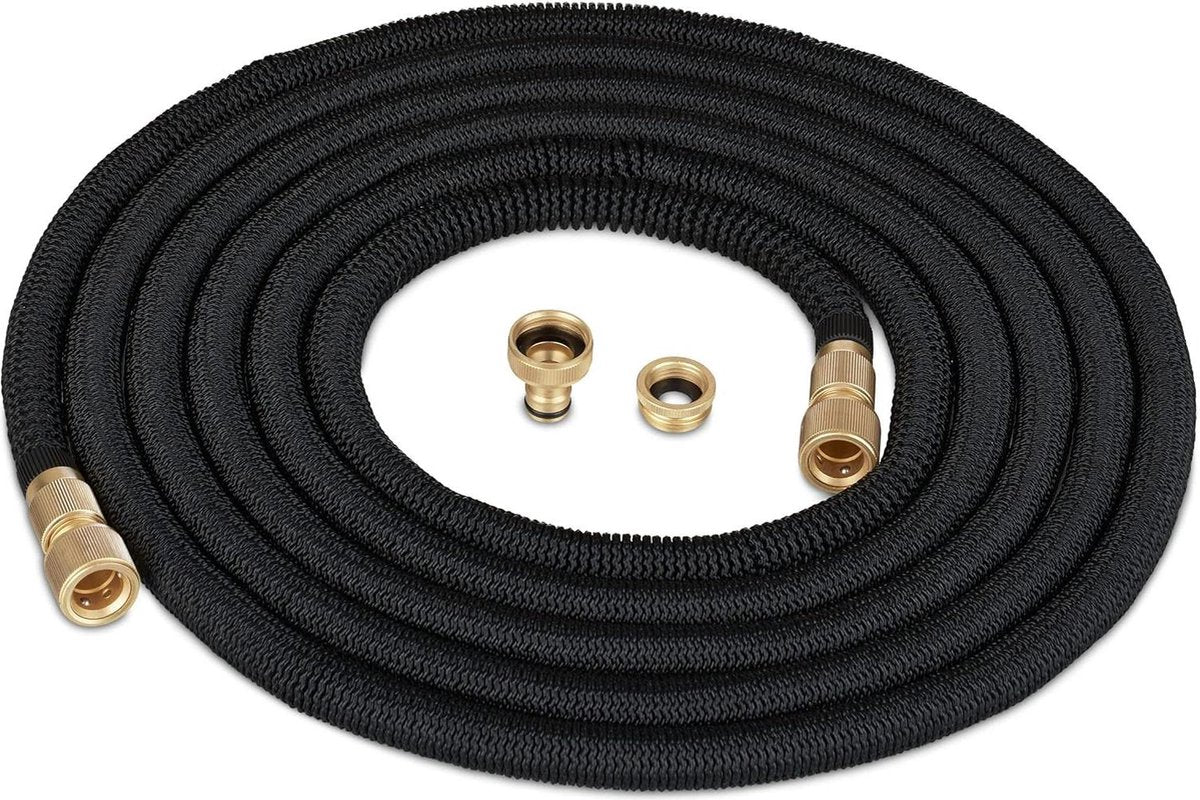 Flexibele tuinslang 15 meter - uitrekbaar - zwarte krimp waterslang - 1/2'' en 3/4'' aansluiting