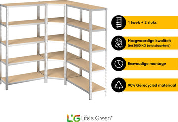 Life’s Green Stelling Set 90 cm - Opbergrek - Stellingkast - Hoekstelling - 2x Stelling 90 cm - 1x Hoekstelling 70 cm - Zilver - 40 cm