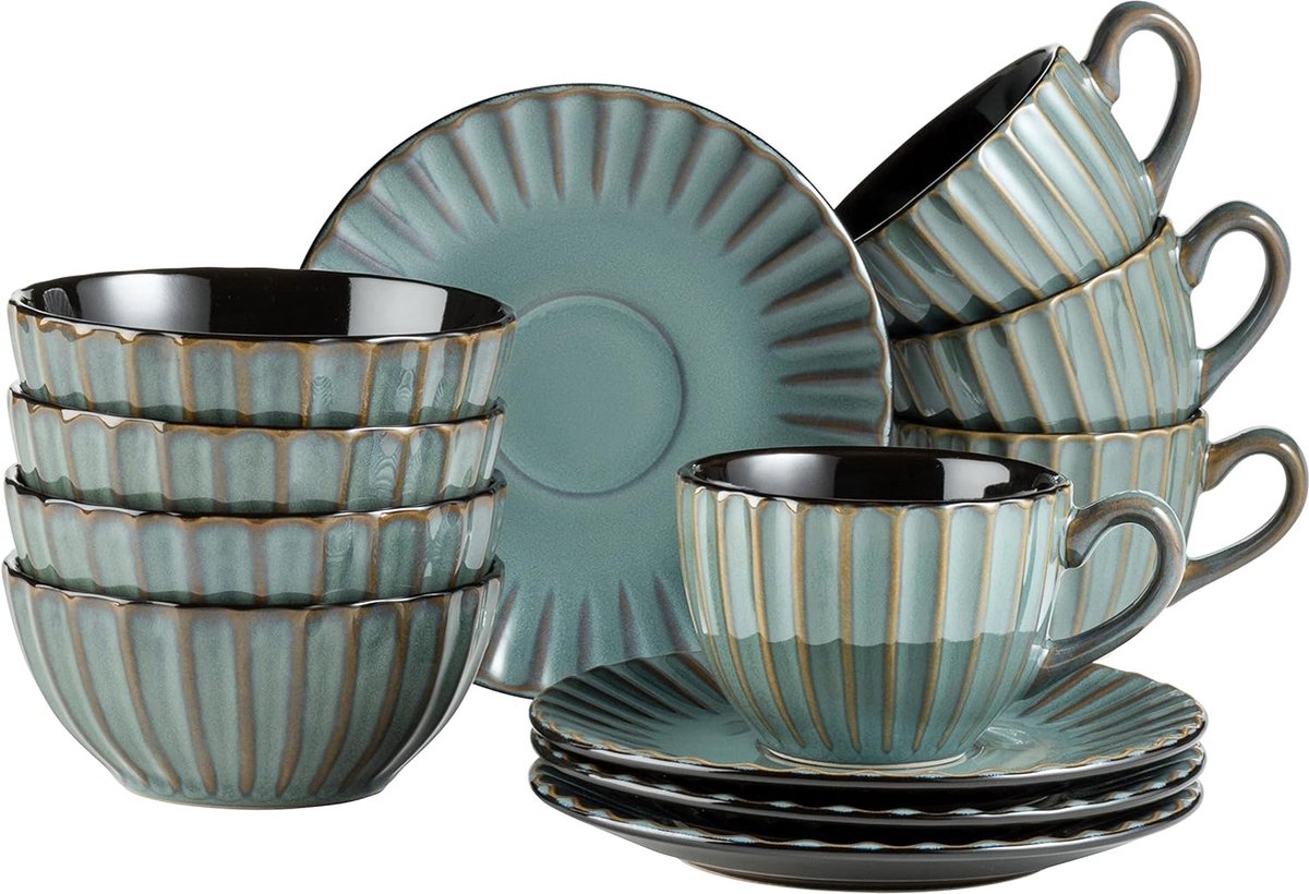 Serie Confino serviesset voor 4 personen in moderne vintage look, 12-delig ontbijtservies van keramiek in petrol met zwarte accenten, aardewerk
