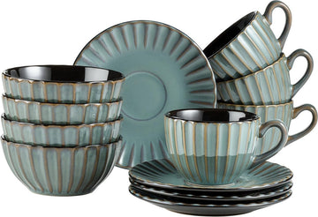 Serie Confino serviesset voor 4 personen in moderne vintage look, 12-delig ontbijtservies van keramiek in petrol met zwarte accenten, aardewerk