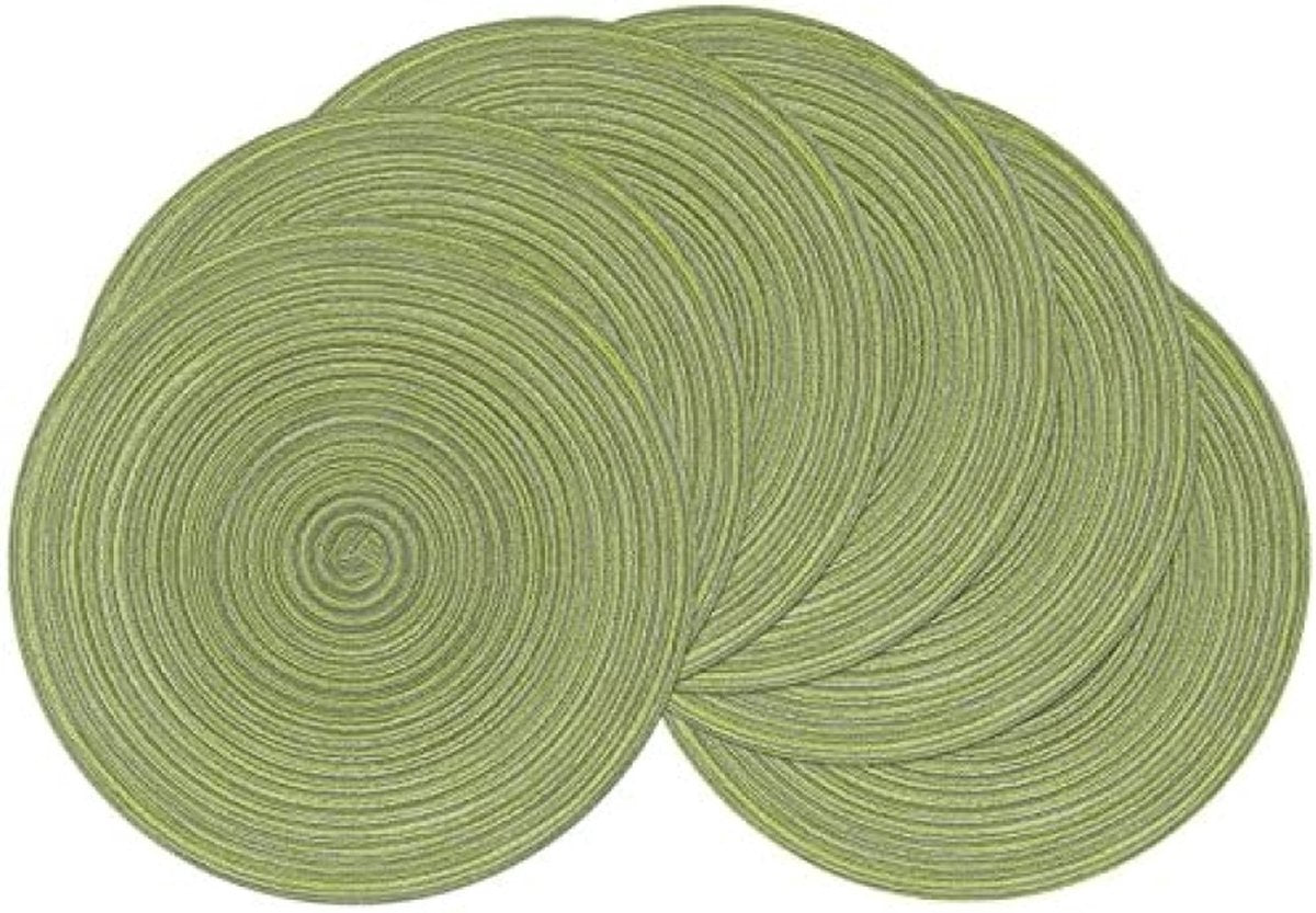 Set van 6 placemats, katoen, rond, gevlochten placemats, afwasbaar, grijs, rond, wasbaar, hittebestendig, voor bruiloft, feest, keuken, decoratie, 38 cm (Groen)