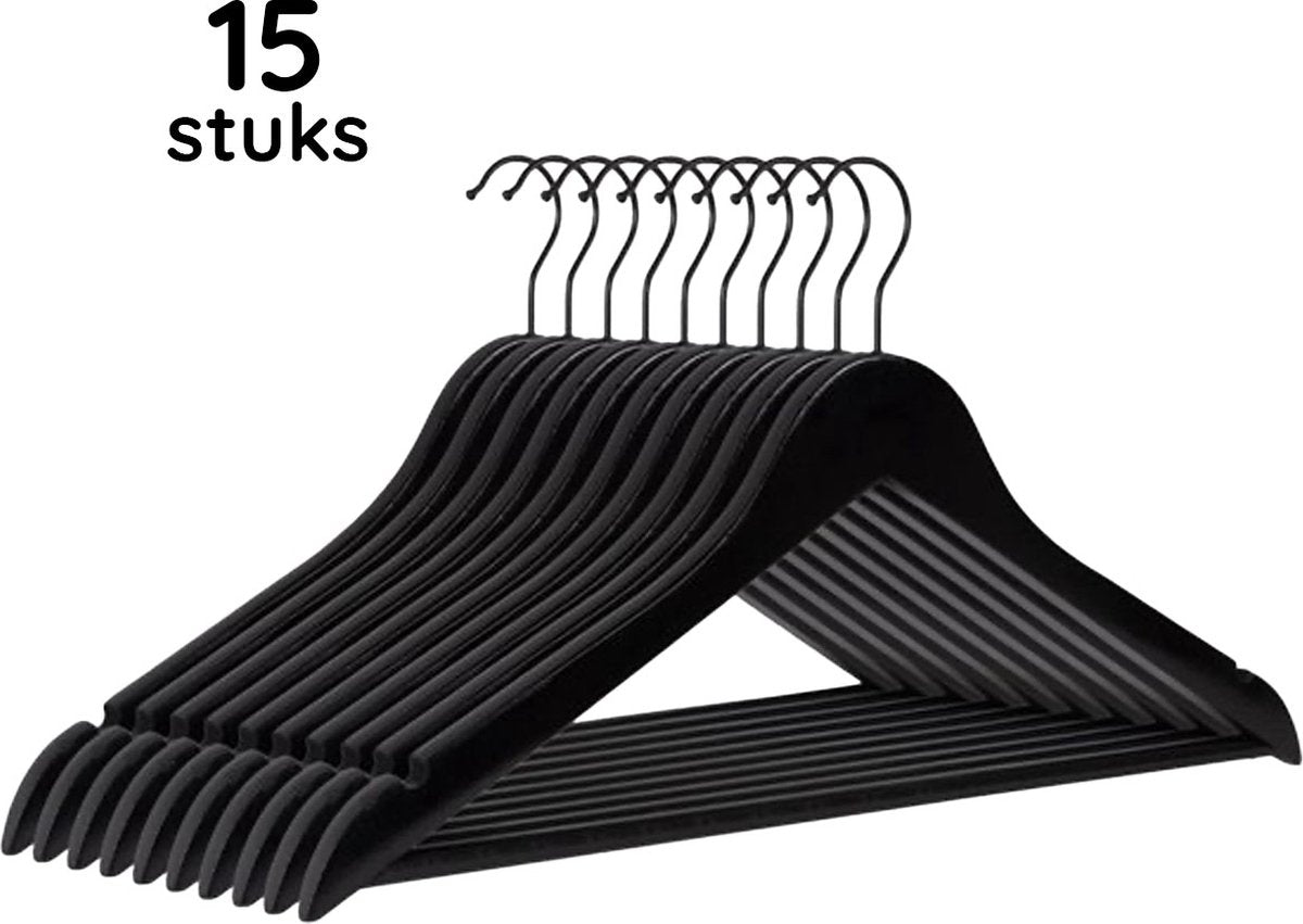 Eleganca luxe kleerhangers - Kledinghanger - 15 stuks - Behandeld hout - 45x22 x1cm - Multifunctionele kledinghanger - Gelakt - Met zwarte haak - Zwart