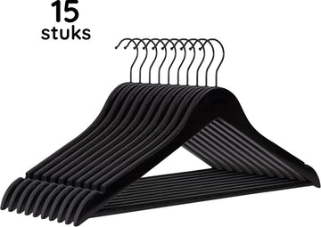 Eleganca luxe kleerhangers - Kledinghanger - 15 stuks - Behandeld hout - 45x22 x1cm - Multifunctionele kledinghanger - Gelakt - Met zwarte haak - Zwart
