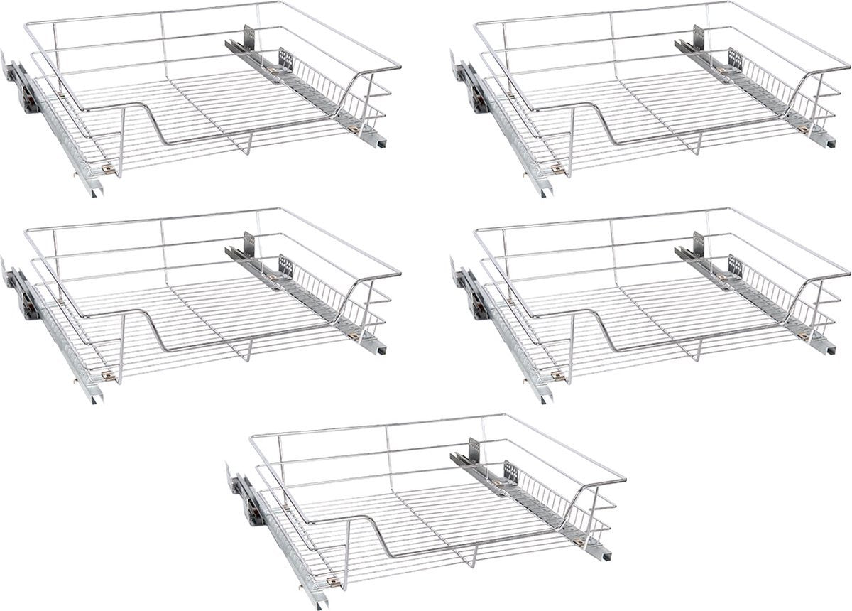 Eleganca draadmand met Ondergeleider en Soft Closing - Keukenkast schuiflade - B41.5 cm, H14 cm & D44.5 cm - Uitschuifbaar keukenrek - Geschikt voor kastjes met frontbreedte van 50 cm - Inbouwlade - Maximale draagkracht 20 kg- RVS - Zilver - 5 Stuks