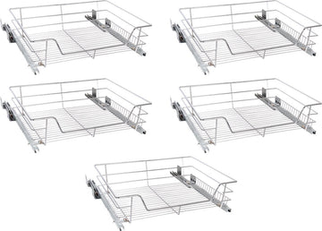Eleganca draadmand met Ondergeleider en Soft Closing - Keukenkast schuiflade - B41.5 cm, H14 cm & D44.5 cm - Uitschuifbaar keukenrek - Geschikt voor kastjes met frontbreedte van 50 cm - Inbouwlade - Maximale draagkracht 20 kg- RVS - Zilver - 5 Stuks