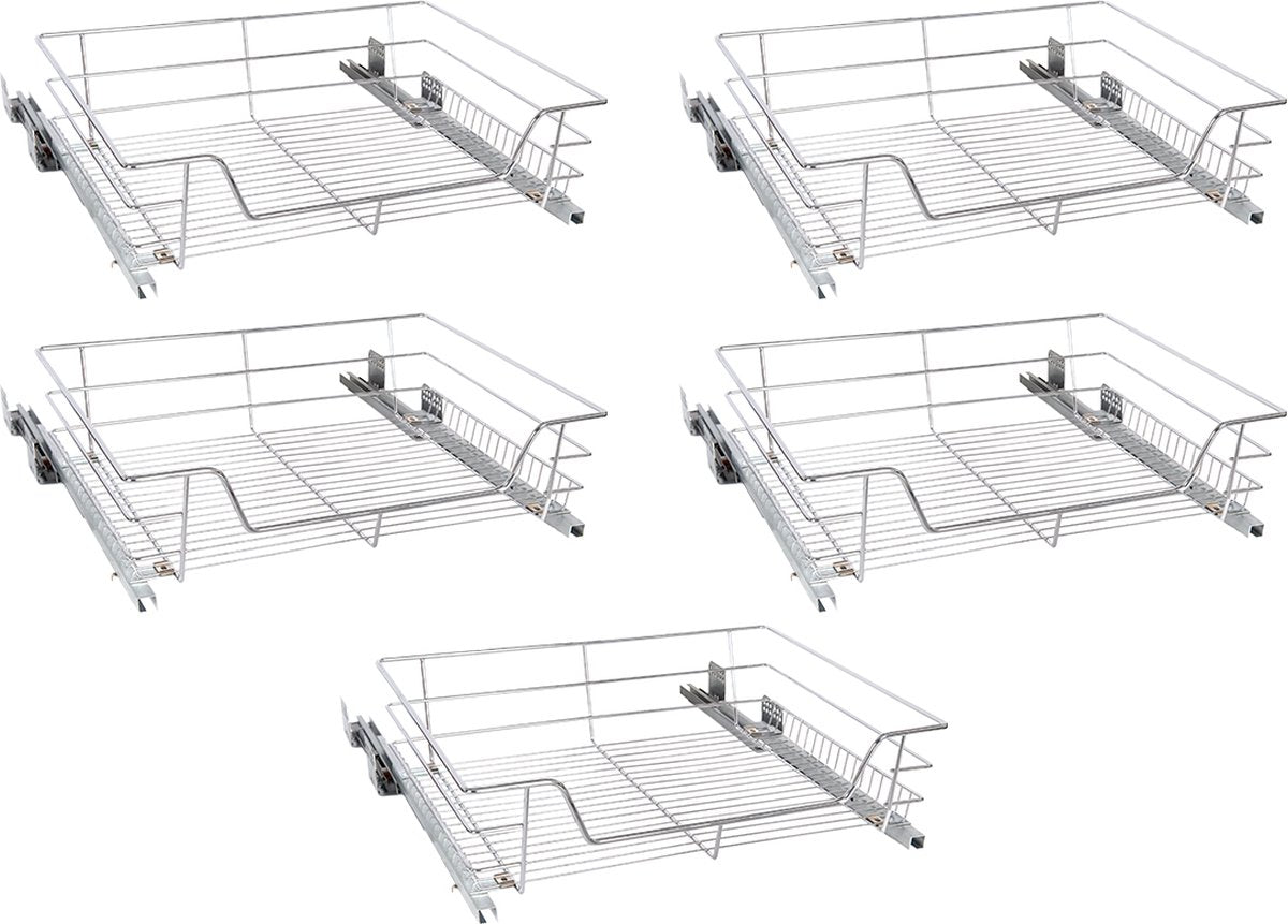 Eleganca draadmand met Ondergeleider en Soft Closing – Keukenkast schuiflade – B 51.5 x H 14 x D 44.5 cm – Uitschuifbaar keukenrek – Inbouwlade – Maximale belastbaarheid 20 kg – RVS – Zilver – 5 Stuks