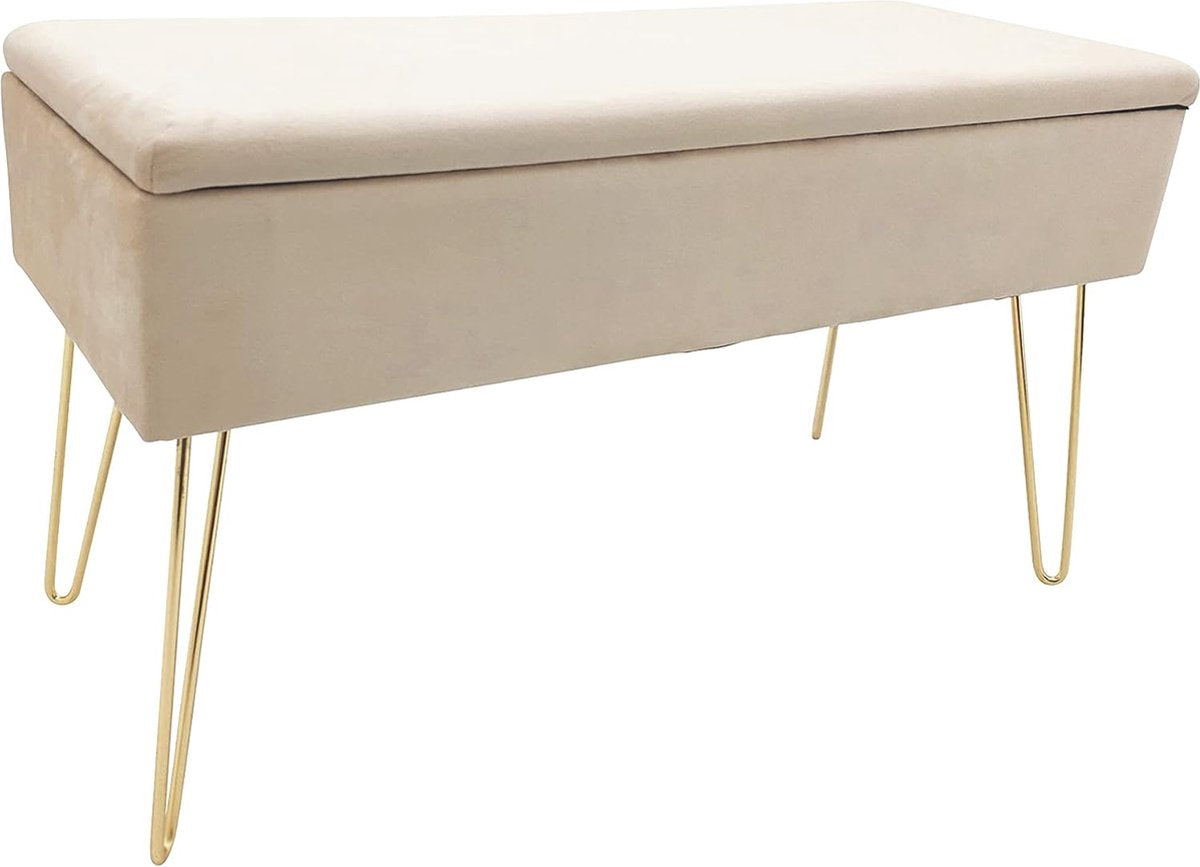 ECHTWERK Scarlett Zitbank, gestoffeerde bank met fluwelen bekleding, opbergkist rechthoekig, make-upbank met opbergruimte, opbergbank met metalen poten, 75 x 30 x 41,5 cm, polyestermix, crème