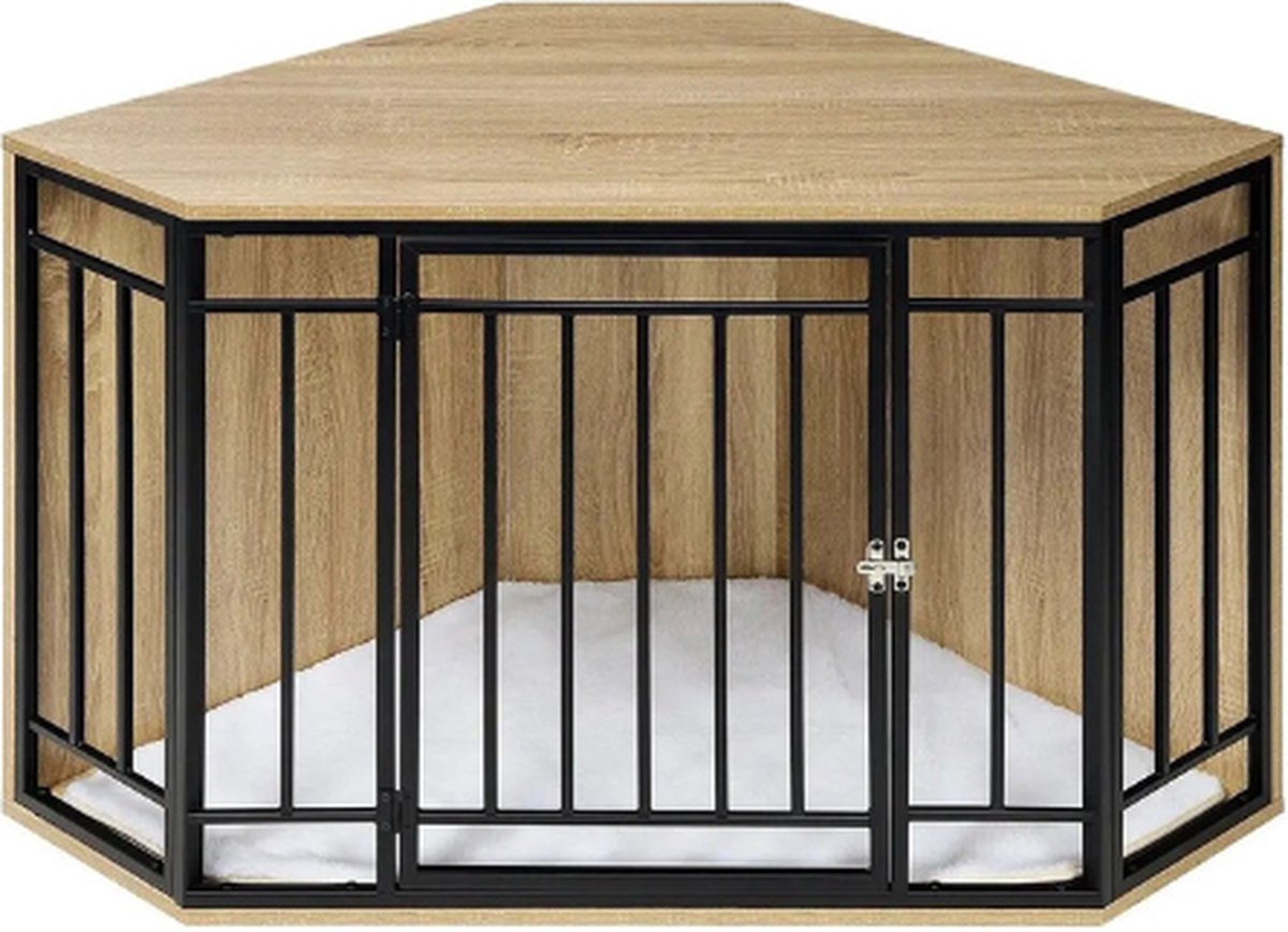 RapidGoods - Hondenbench hoek - Hondenren - Hondenmand - Hondenkennel - Bijzettafel hoek - Bench - Kennel - Ren - Hout - 111X67X60 Cm