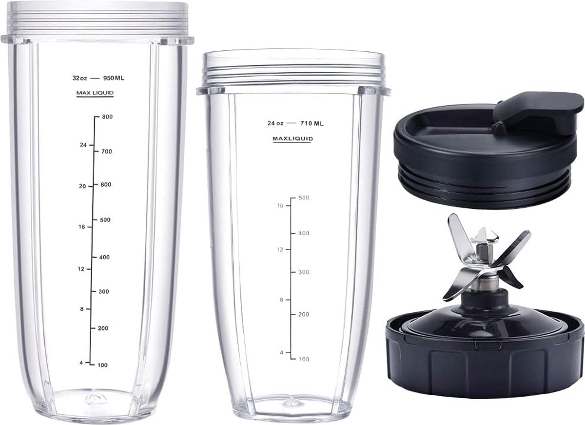 32oz/24oz mok Geschikt voor blender voor Ninja, 1* 32 oz kopje, 1* 24 oz kopje, 1* kopje deksel, 1* 7 Fin Extractor-bladen Geschikt voor Nutri Ninja Auto iQ BN801 BL640-30 BL642-30 (4 stuks)