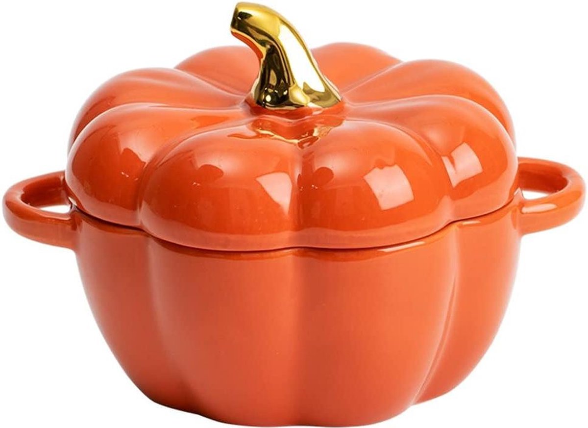 450 ml creatieve modieuze keramische pompoenkopjes muesli-sla-en dessertschalen - set van 2 met deksel soepkommen met oor