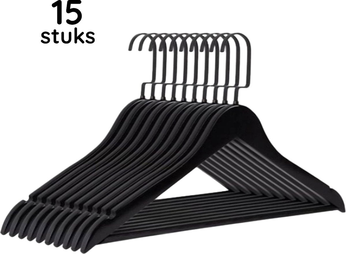 Eleganca luxe kleerhangers – Kledinghanger - 15 stuks - Behandeld hout - 45 x 26 cm - Multifunctionele kledinghanger - Gelakt - Met platte zwarte haak - Zwart