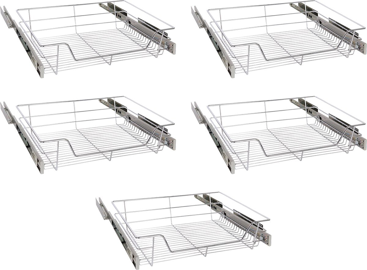 Eleganca draadmand met zijgeleider en Soft Closing - Keukenkast schuiflade – B51.5 x H14x D44.5 cm – Uitschuifbaar keukenrek – Inbouwlade – Maximale belastbaarheid 20kg – RVS – Zilver - 5 Stuks
