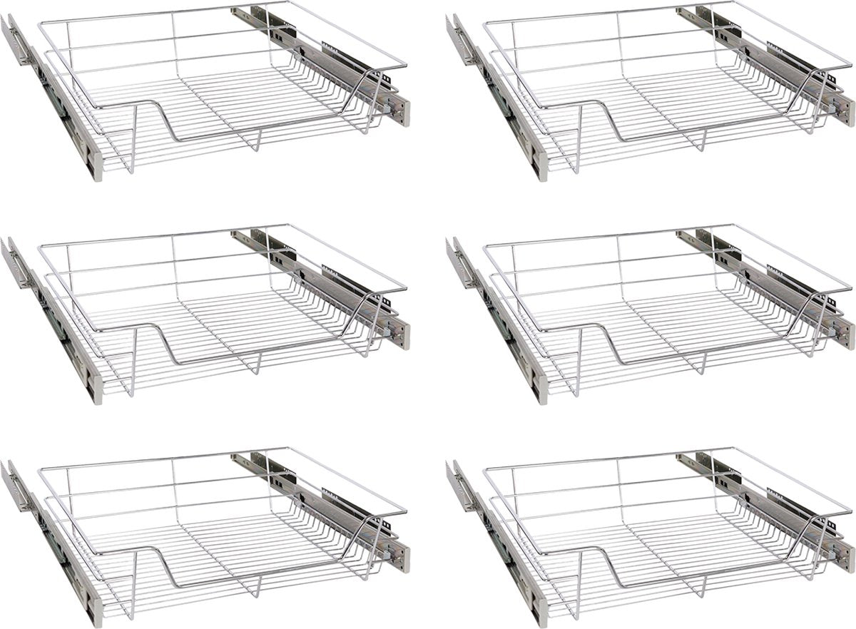 Eleganca draadmand met zijgeleider en Soft Closing - Keukenkast schuiflade – B51.5 x H14x D44.5 cm – Uitschuifbaar keukenrek – Inbouwlade – Maximale belastbaarheid 20kg – RVS – Zilver - 6 Stuks