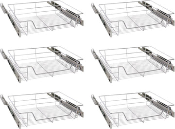 Eleganca draadmand met zijgeleider en Soft Closing - Keukenkast schuiflade – B51.5 x H14x D44.5 cm – Uitschuifbaar keukenrek – Inbouwlade – Maximale belastbaarheid 20kg – RVS – Zilver - 6 Stuks