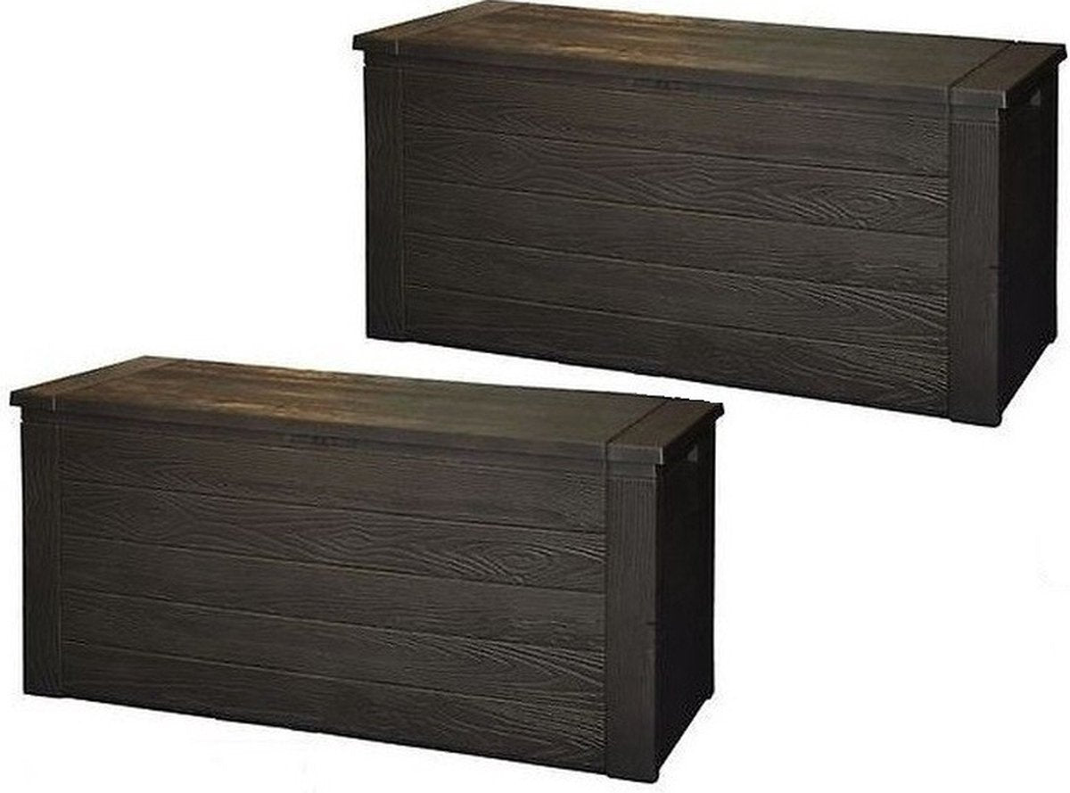 Zomer kussens opbergen kunststof tuinkussen opbergbox met hout structuur - 2 stuks