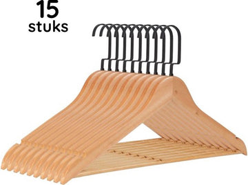 Eleganca luxe kleerhangers - Kledinghanger - 15 stuks - Behandeld hout - 45x26 x1cm - Multifunctionele kledinghanger - Gelakt - Met platte zwarte haak - Hout kleur