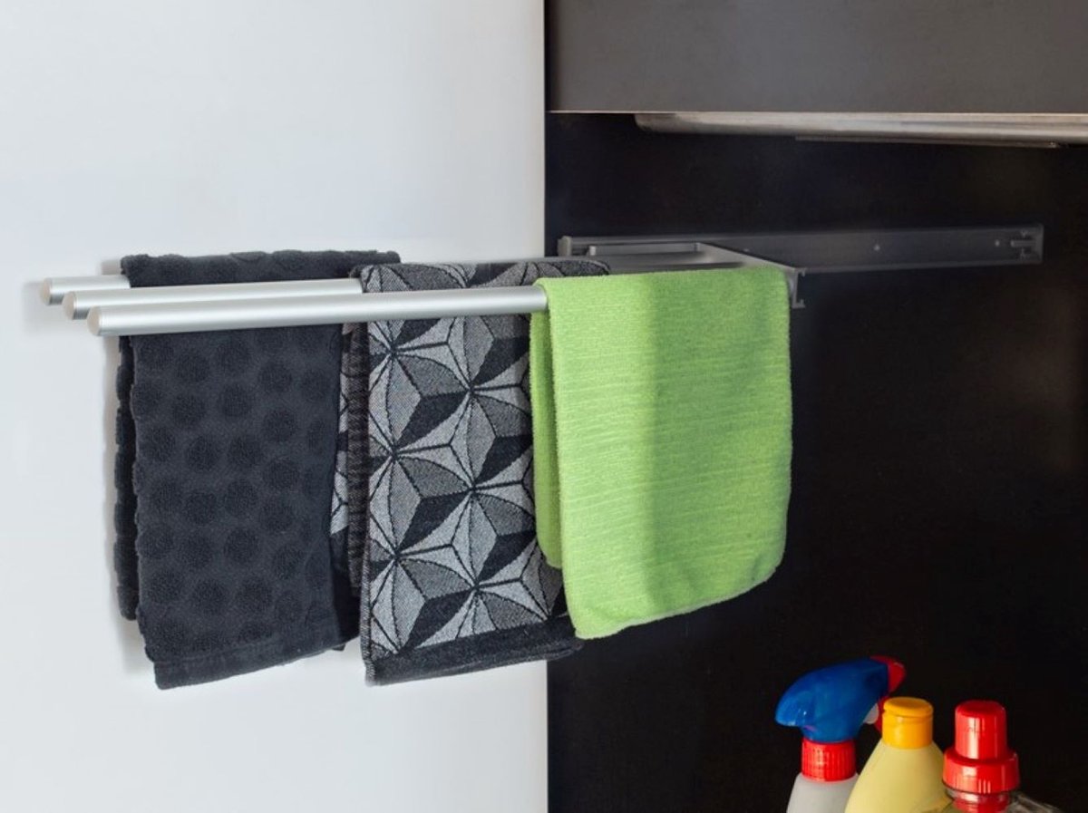 Eleganca Uittrekbaar Handdoekrek – Inbouwafmeting B17 x D46 x H5cm – Handdoekhouder uitschuifbaar tot 29cm – Handdoekstang keuken of badkamer – Horizontaal en verticaal te gebruiken – 3 armen – Aluminium – Zilver
