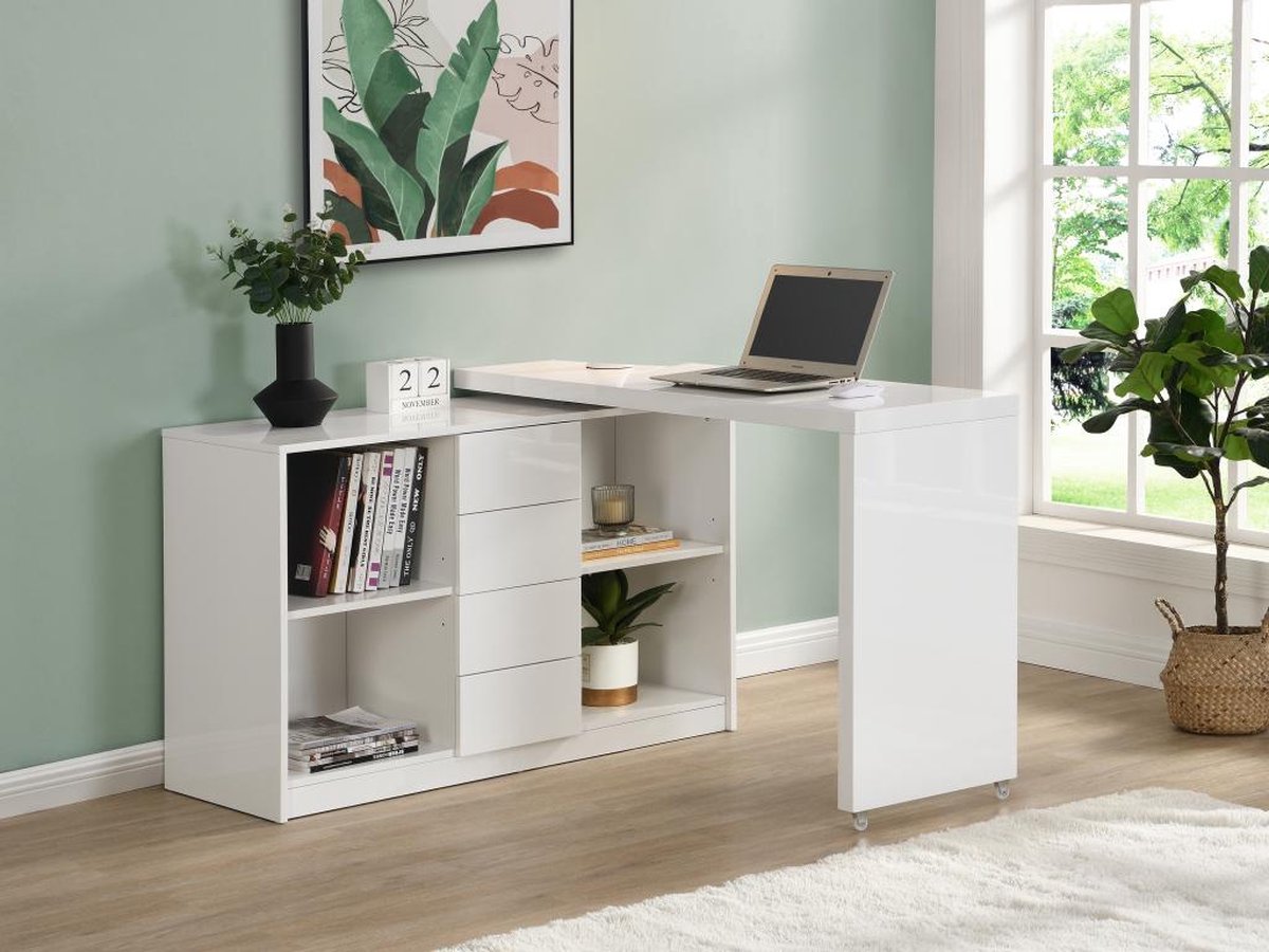 Uitschuifbaar bureau met draaibaar blad in 360° - Mdf - Wit gelakt - PAVELO L 190 cm x H 76.5 cm x D 42 cm