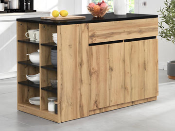 Vente-unique Keukeneiland met opbergruimte - Zwart en naturel - MEILI L 130 cm x H 90 cm x D 65 cm