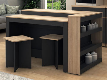Vente-unique Set keukeneiland + 2 krukken - Zwart en licht naturel - NUSICE L 138.7 cm x H 82 cm x D 79.2 cm