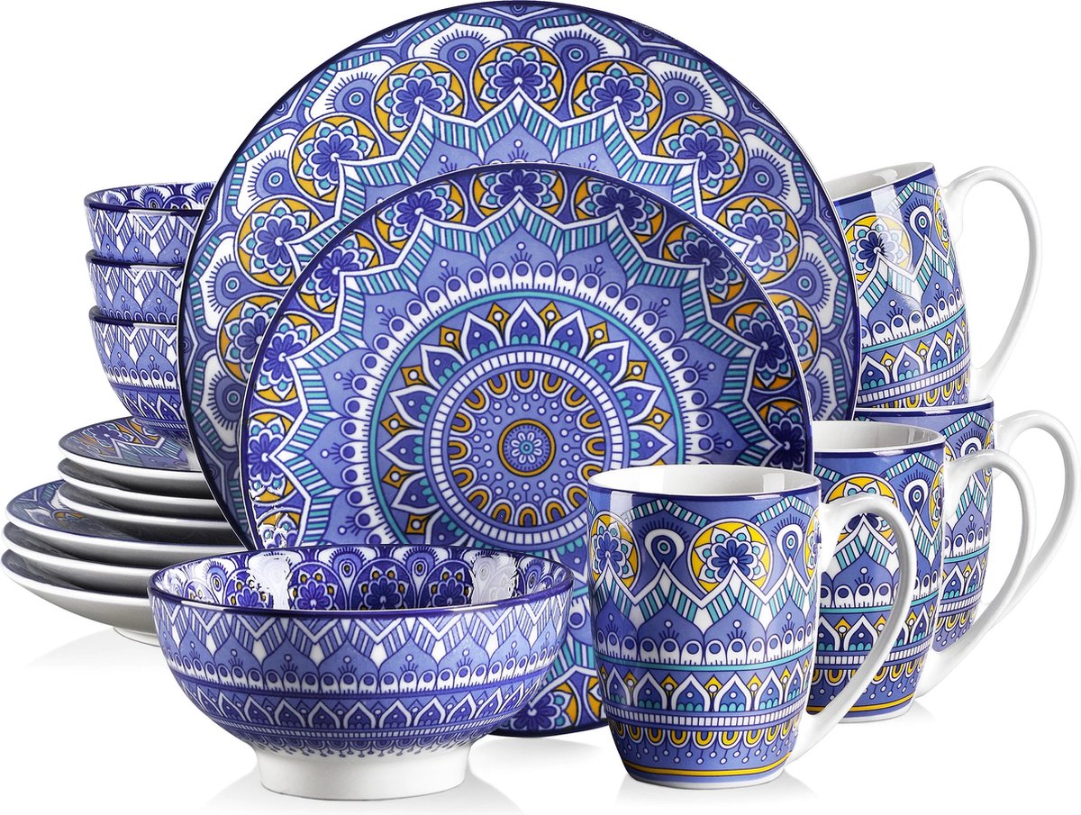 Serviesset - Serviessets - Serviesset 4 persoons - Blauw Mandala Patroon - Porselein - 16-Delig Servies - Dinerbord - Dessertbord - Kom - Mok