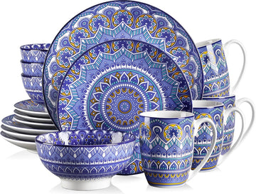 Serviesset - Serviessets - Serviesset 4 persoons - Blauw Mandala Patroon - Porselein - 16-Delig Servies - Dinerbord - Dessertbord - Kom - Mok