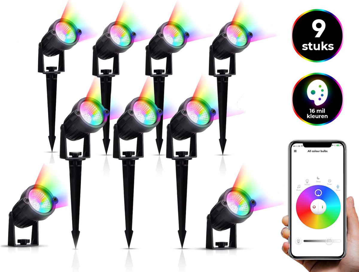 Bolt Electronics Tuinspots – Tuinverlichting LED buiten – Prikspot buitenlamp - RGB lamp staand – Bluetooth bestuurbaar Tuinlamp – IP68 waterdicht muurlamp – Verlichting terras en tuin - Bedienen met de App – 9 stuks