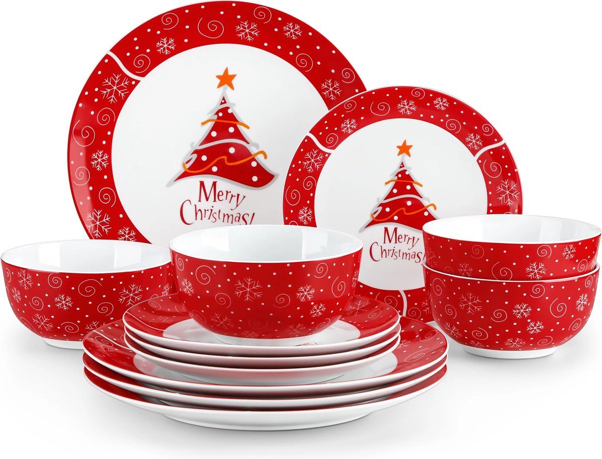 Serviesset - Serviesset 6 persoons - Serviessets - Merry Christmas - Porselein - 18-Delig Servies - Dinerbord - Dessertbord - Kom