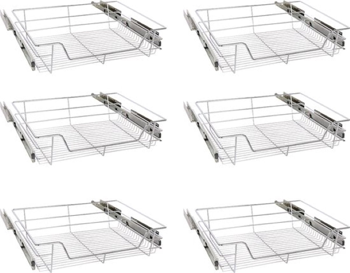 Eleganca draadmand met zijgeleider en Soft Closing - Keukenkast schuiflade – B41.5 cm, H14 cm & D44.5 cm – Uitschuifbaar keukenrek - Geschikt voor kast met frontbreedte van 50cm – Inbouwlade – Maximale belastbaarheid 20kg – RVS – Zilver - 6 Stuks