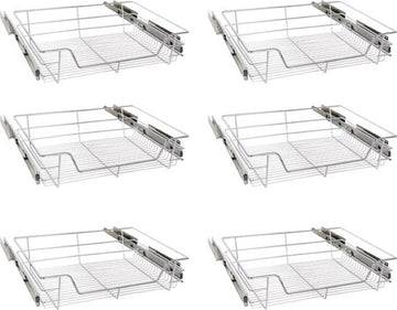 Eleganca draadmand met zijgeleider en Soft Closing - Keukenkast schuiflade – B41.5 cm, H14 cm & D44.5 cm – Uitschuifbaar keukenrek - Geschikt voor kast met frontbreedte van 50cm – Inbouwlade – Maximale belastbaarheid 20kg – RVS – Zilver - 6 Stuks