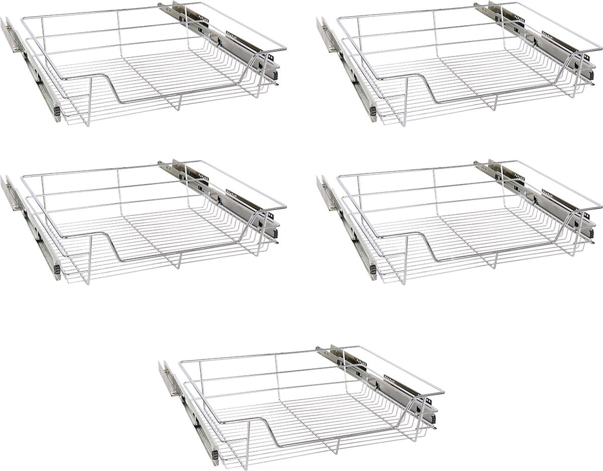 Eleganca draadmand met zijgeleider - Keukenkast schuiflade – B 51.5 x H14 x D 44.5 cm – Uitschuifbaar keukenrek – Inbouwlade – Maximale belastbaarheid 20 kg – RVS – Zilver – 5 Stuks