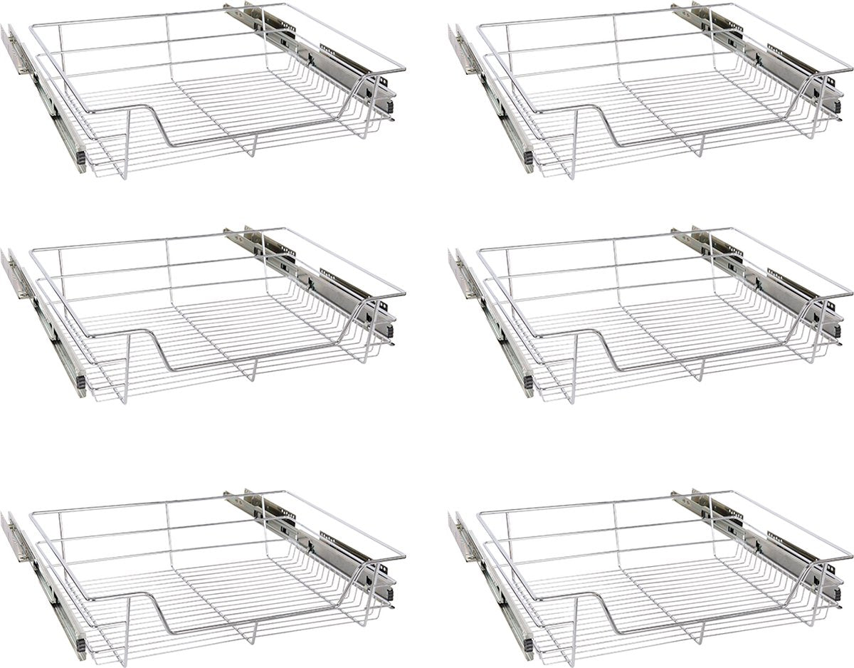 Eleganca draadmand met zijgeleider - Keukenkast schuiflade – B 51.5 x H14 x D 44.5 cm – Uitschuifbaar keukenrek – Inbouwlade – Maximale belastbaarheid 20 kg – RVS – Zilver – 6 Stuks