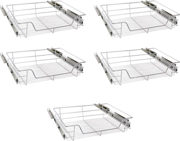 Eleganca draadmand met zijgeleider en Soft Closing - Keukenkast schuiflade – B41.5 cm, H14 cm & D44.5 cm – Uitschuifbaar keukenrek - Geschikt voor kast met frontbreedte van 50cm – Inbouwlade – Maximale belastbaarheid 20kg – RVS – Zilver - 5 Stuks
