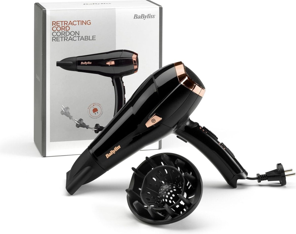 föhn - met ionische anti frizz functie - 2000W - Krullen - intrekbaar snoer - 3 temperatuurinstellingen - 2 Snelheden - Koelfunctie - Zwart -