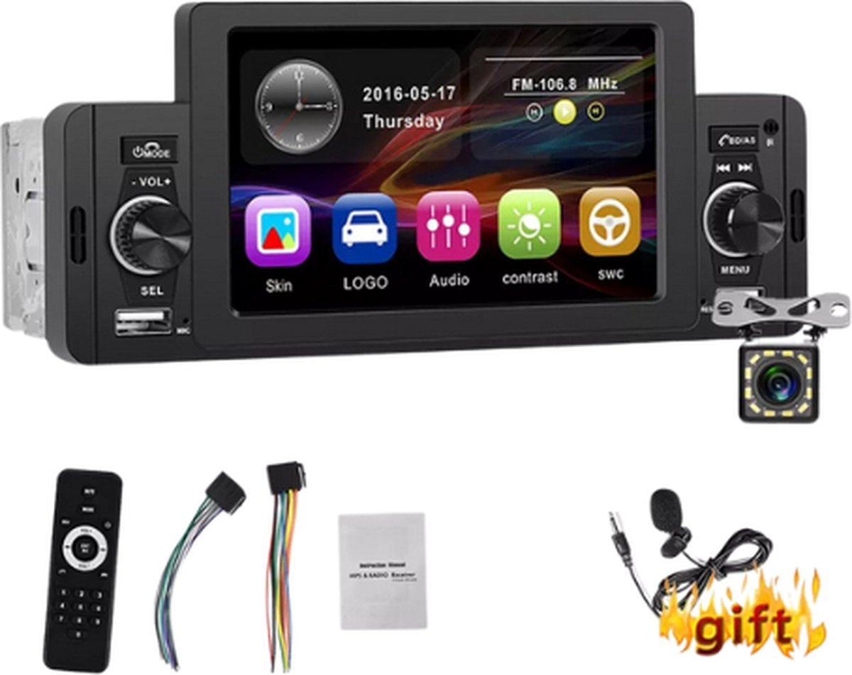 Autoradio - 1 DIN - Apple Carplay - Android Auto - Bluetooth - USB - Camera - 5"