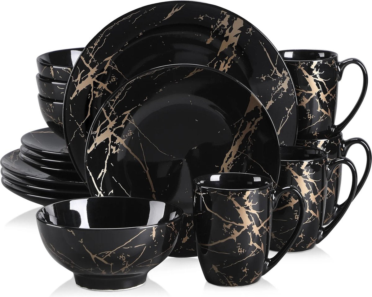 Serviesset - Serviessets - Serviesset 4 persoons - Zwart Met Goud - Porselein - 16-delig Servies - Dinerbord - Dessertbord - Kom - Mok