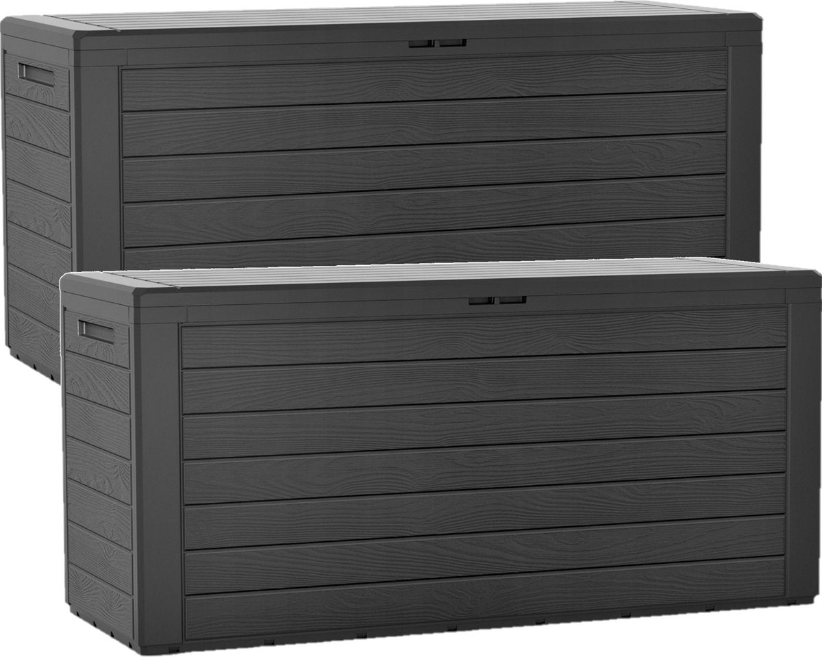 2x Stuks antraciet tuin kussen opbergbox hout patroon 280 liter - Tuinopbergers antraciet