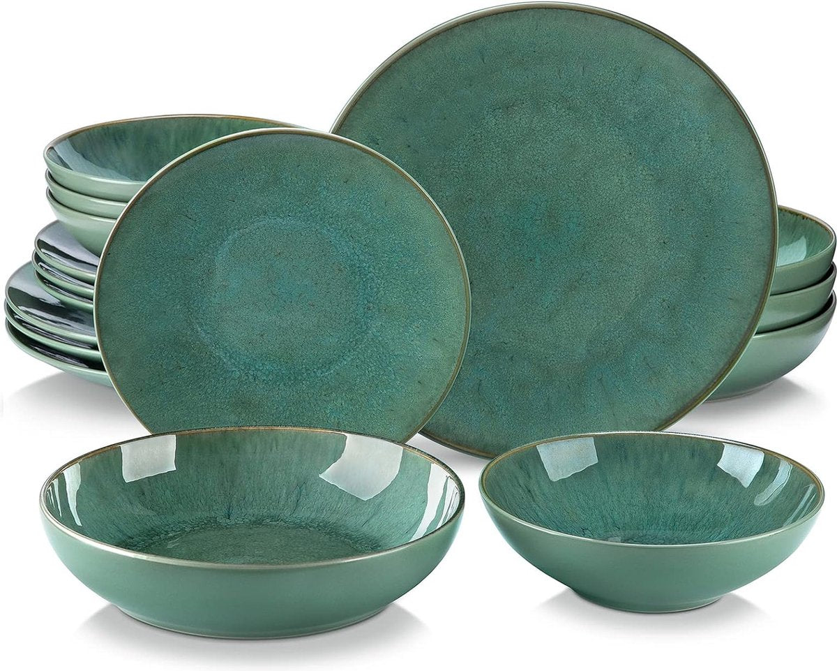Serviesset - Serviessets - Serviesset 8 persoons - Oceaanblauw Met Bruine Rand - Porselein - 32-Delig Servies - Dinerbord - Dessertbord - Kom - Soepkom