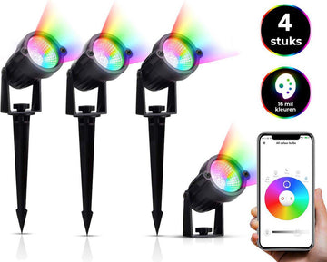 Bolt Electronics Tuinspot – Tuinverlichting LED buiten – Prikspot buitenlamp - RGB lamp – Bluetooth bestuurbaar Tuinlamp – IP68 waterdicht muurlamp – Wandlamp – Verlichting terras en tuin - Bedienen met de App – 4 stuks