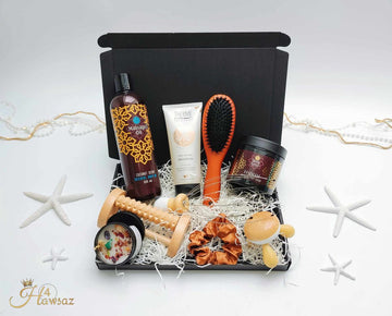 Dames Geschenkset - Bodycadeau 9 stuks - Luxe Cadeau - Hawsaz.nl cadeau - Giftsbox - Dames cadeau - Hammam Scrub - Massage olie - Verwenpakket - Valentijnscadeau - Kerstcadeau - Edelstenen geurkaars - Massage set - Verzorgingssets - Moederdag