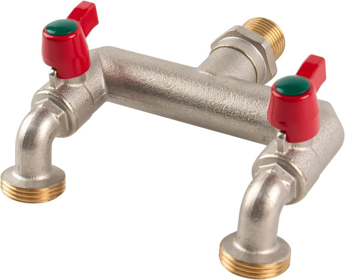 Dubbele kraan T-verdeler 1/2 inch voor tuin en wasmachine - met 2 3/4 inch BSP tuinslang kraanaansluiting Buitenkraan