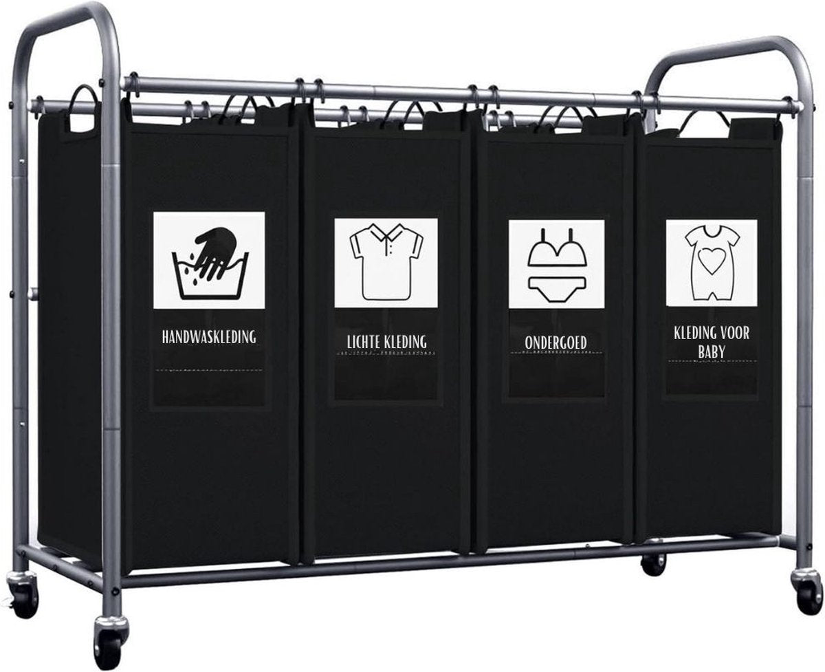 Wassorteerder 4 vakken - Wasmand 4 vakken - Wasmand Op Wieltjes – Wassorteerder Met Verwijderbare Manden - Dubbele wasmand Met 6 Sorteerkaarten – Wasmanden - 99 x 43 x 79 cm