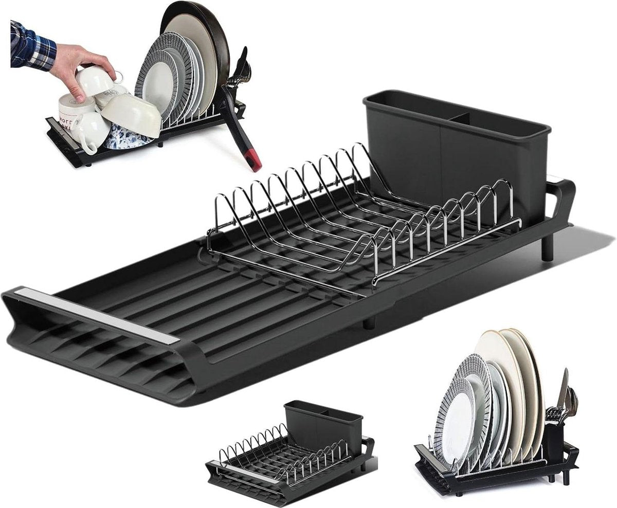 Compact Uitschuifbaar Afdruiprek Zwart - Klein Afwasrek met Lekbak - Gootsteen Verstelbaar Dish Drying Rack - Bestekhouder - Antislip Voeten - Anti-roestplaat - 28/47 x 20cm afdruiprek met lekbak inklapbaar